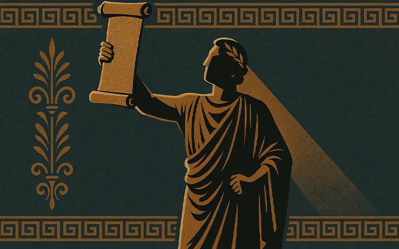 Shadowy Greek authority figure raising a scroll in control, representing Tantalus’s leadership